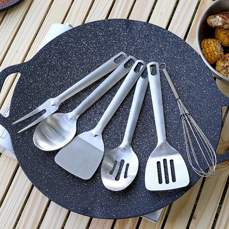 6-Piece Stainless Steel Outdoor Cooking Utensil Set with Spoon, Slotted Spoon, Spatula, Fork, and Whisk