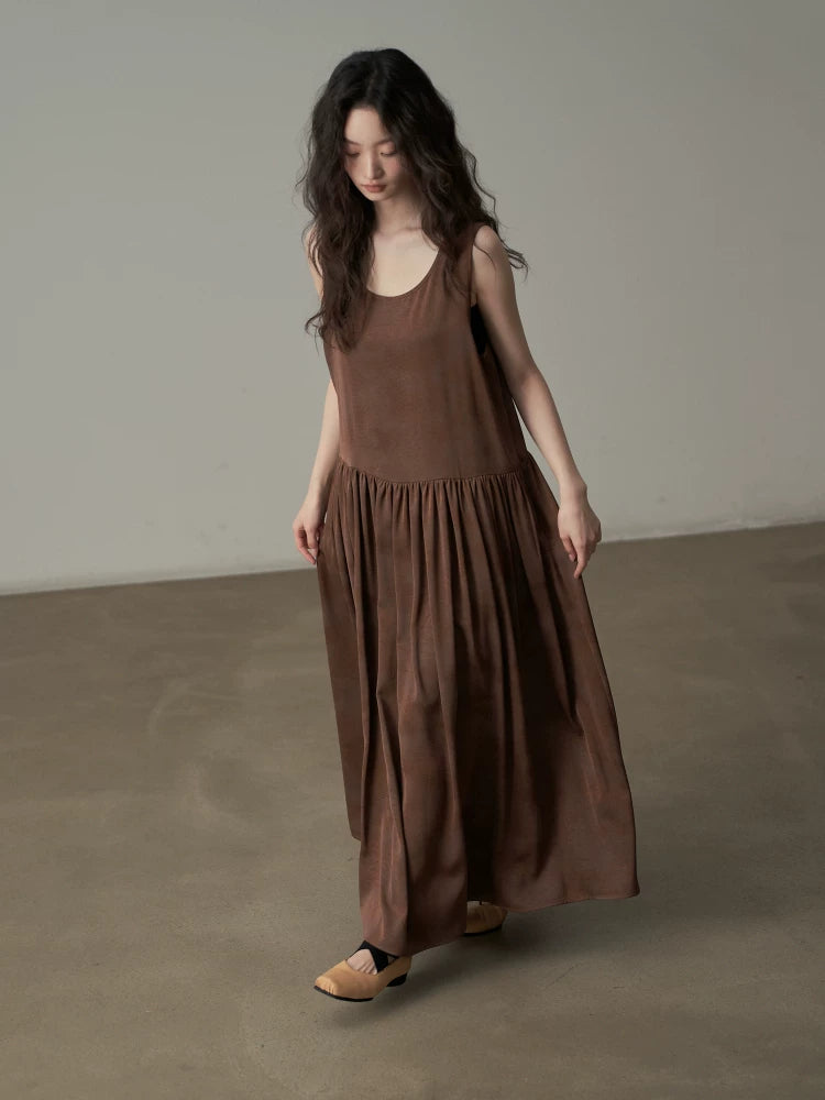 New Chinese Style Distressed Floral Sleeveless Round Neck Long Dress