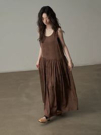 New Chinese Style Distressed Floral Sleeveless Round Neck Long Dress
