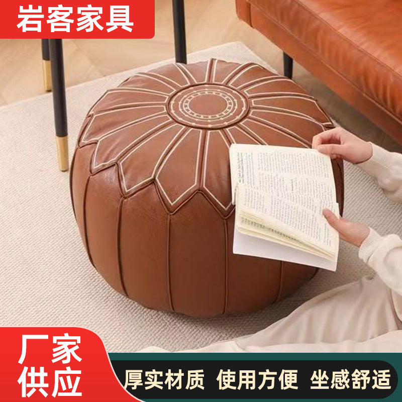 Embroidered Faux Leather Storage Ottoman Stool with Tatami Cushion, Foldable and Stackable
