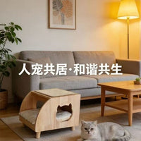 Solid Wood Cat House with Scratching Board and Toys