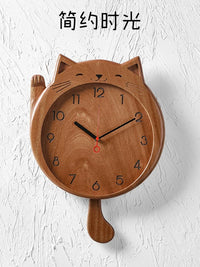 Lucky Cat Solid Wood Wall Clock with Silent Movement for Living Room Decor