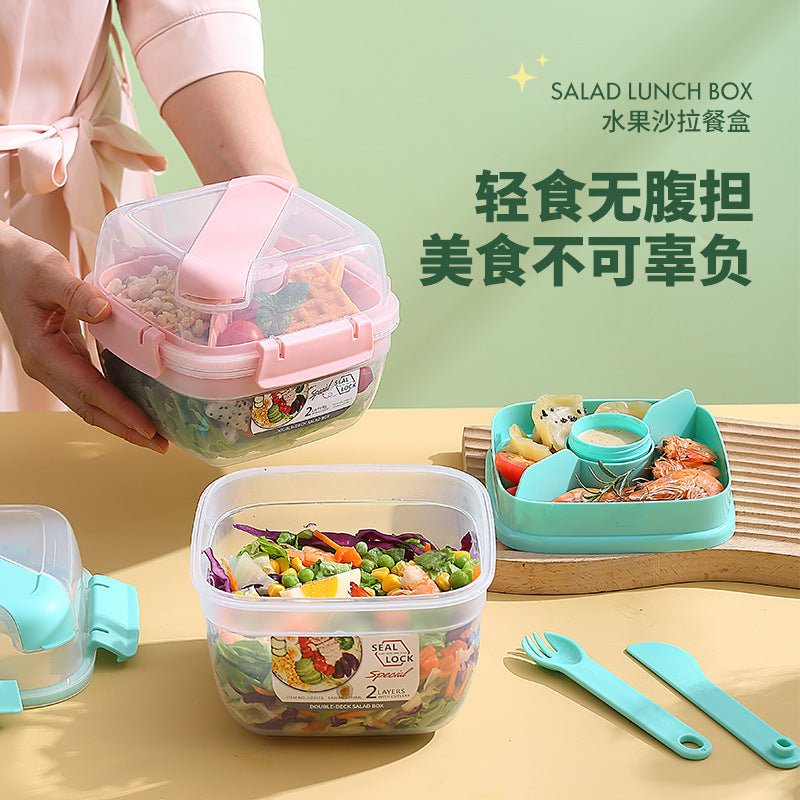 Insulated Double-Layer Lunch Box with Cutlery Set for Picnics and Salads