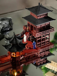 Chinese Style Pavilion Micro Landscape with LED Light, Mountain Rockery Bonsai Ornament