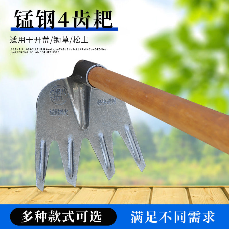 Heavy-Duty Steel 4-Tine Rake Head for Gardening and Soil Cultivation