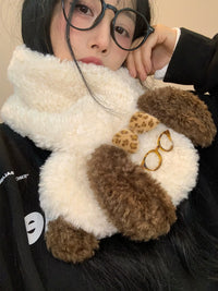 Cute Puppy Plush Cross Scarf for Women, Japanese Style Thick Warm Neck Warmer
