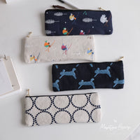 Embroidered Fabric Pencil Case Japanese Style High-End Artistic Girl Forest Series College Student Makeup Brush Storage Long Cosmetic Bag