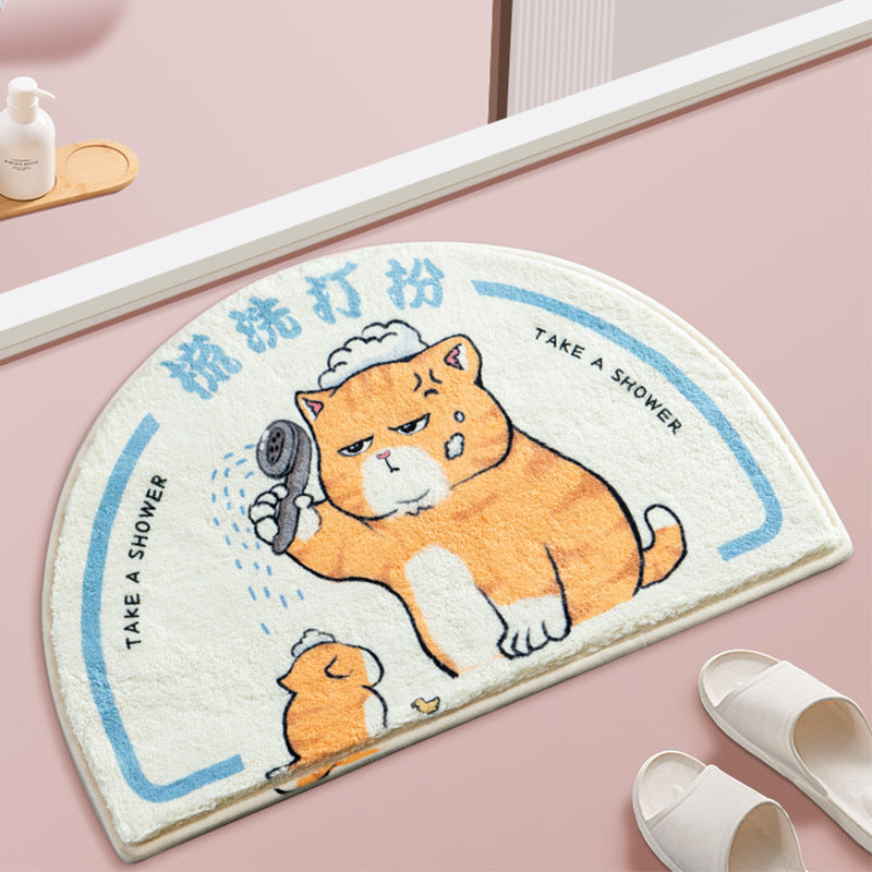 Cartoon Cat Absorbent Non-Slip Bathroom Mat Machine Washable Lamb Velvet Half-Round Doormat