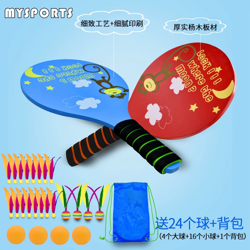 Wooden Badminton Racket Set for Kids, Shuttlecock Paddle Set with Three Shuttlecocks and Kick Shuttlecock