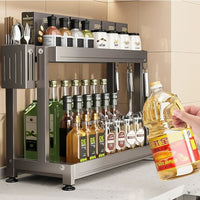 Kitchen Spice Rack Countertop Organizer, Freestanding Seasoning Storage Shelf with Hooks