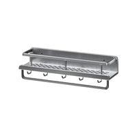 Wall-Mounted Bathroom Shelf with Hooks and Towel Bar, No-Drill Installation