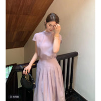 LUOZHIYIN Purple Tencel Blouse & Pleated Skirt Fashion Set