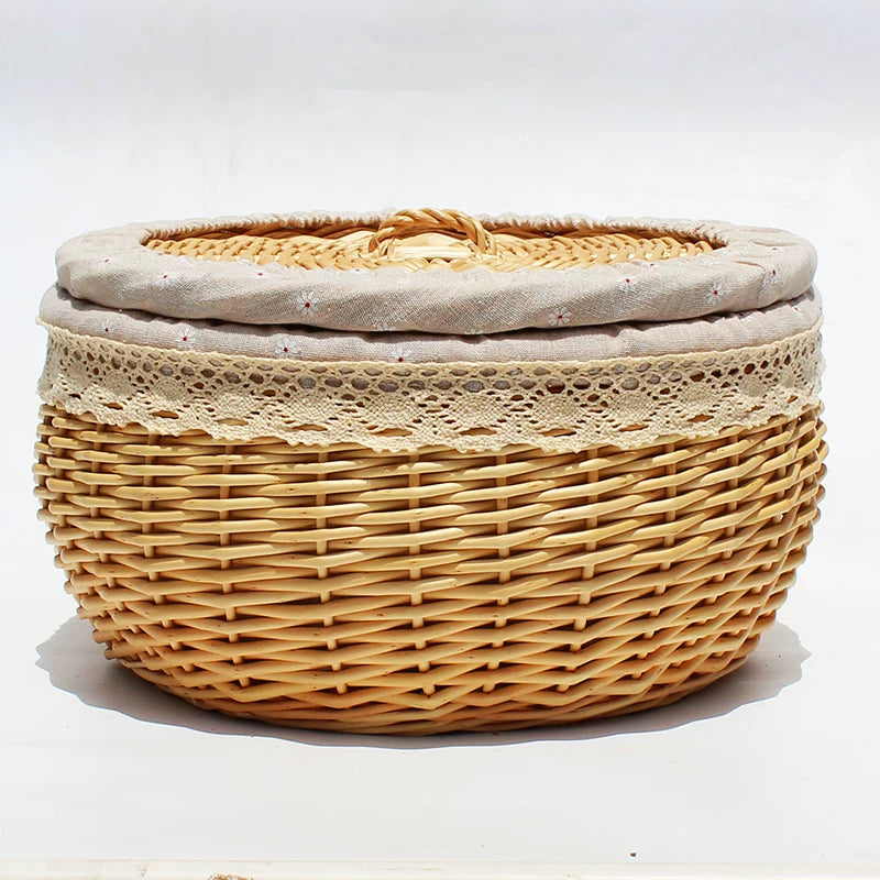 Hand-Woven Wicker Bread Basket with Lid and Liner for Food Storage and Organization