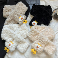 Cute Cartoon Chick Plush Cross Scarf for Women, Japanese Style Warm Winter Neck Warmer