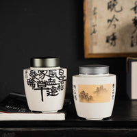 Vintage Chinese Hand-Painted Ceramic Tea Caddy with Pewter Lid for Puerh Tea Storage