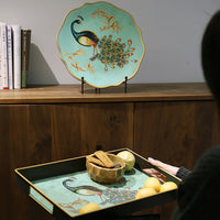 Vintage American Ceramic Peacock Decorative Plate with Iron Stand for Living Room Entryway Home Decor