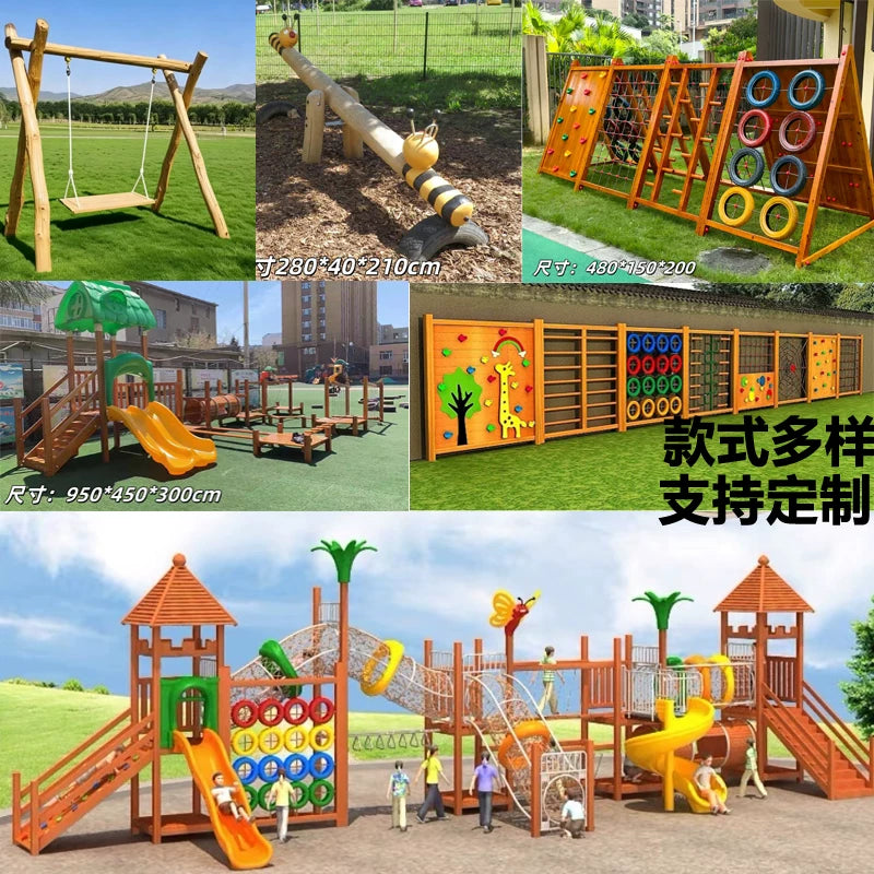 Kids Wooden Climbing Frame with Slide, Seesaw, Rocker, and Swing for Outdoor Play