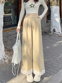 Women's Vintage Lace Patchwork Wide-Leg Cropped Pants High-Waisted Ice Silk Quick-Dry Casual Trousers