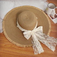 Lace Bowknot Straw Sun Hat for Women, French Style Wide Brim Beach Vacation UV Protection