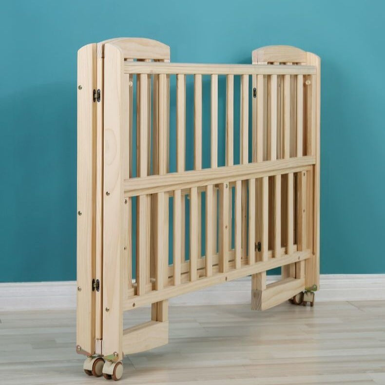 Foldable Solid Wood Baby Crib with Mattress, Multi-functional Cradle Bed