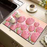 Floral Diatomaceous Earth Dish Drying Mat for Kitchen Countertops