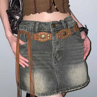Vintage Western Rivet Belt for Women, Bohemian Style Leather Waistband for Dresses and Pants