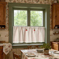 Khaki Plaid Half Curtain for Cabinets & Windows, Japanese Style Cafe Tier Curtain, Semi-Blackout with Cherry Decor