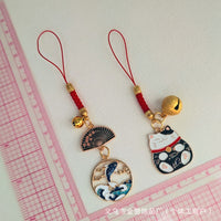 Japanese Style Koi Crane Lucky Cat Keychain with Bell and Lanyard, Alloy Enamel Bag Charm Gift