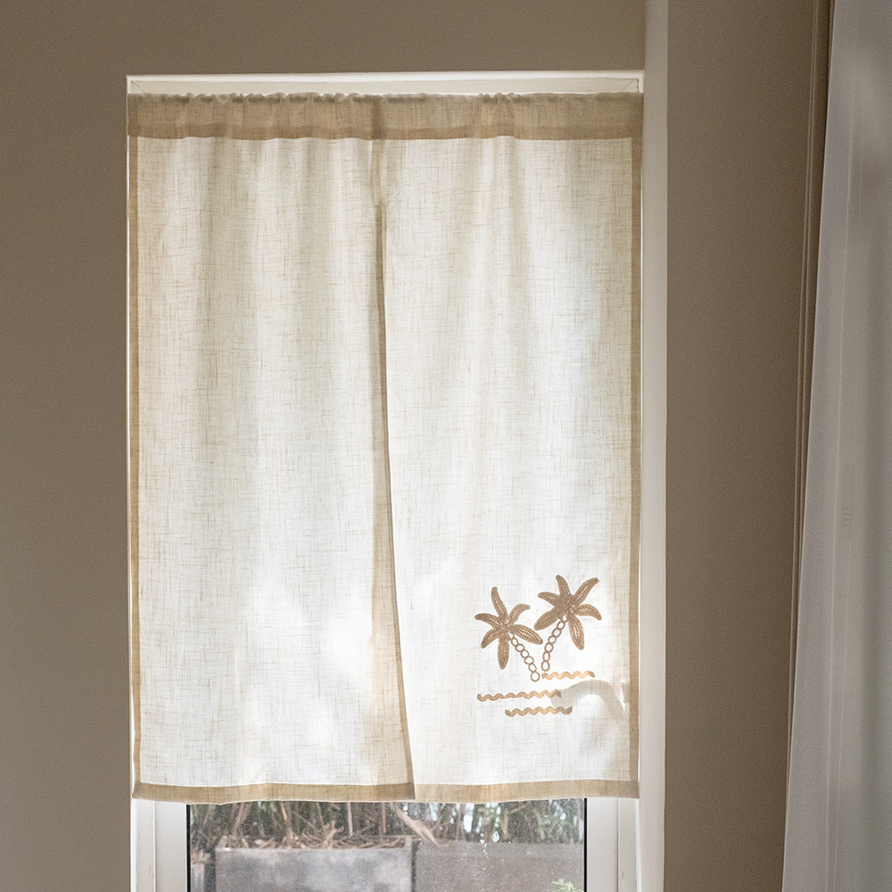 HEGALY Japanese Noren Doorway Curtain with Coconut Tree Print, Linen Blend, No-Drill Installation, Light Filtering