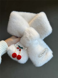 Japanese Style Cherry Plush Cross Scarf for Winter, Thickened Warm Neck Protection
