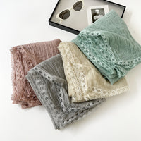 Summer Thin Cotton Linen Shawl Wrinkled Solid Color Sun Protection Scarf with Lace Trim