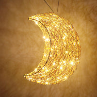 Handwoven Gold Moon Pendant Light, Flame Retardant Aluminum Lampshade for Dining Room, Bedroom, and Shops