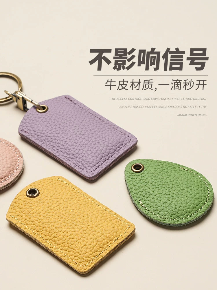 Leather Access Card Holder with Keychain for Elevator and Entry Cards