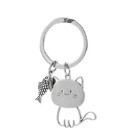 Cute Cartoon Cat Eating Fish Stainless Steel Keychain Pendant for Couples