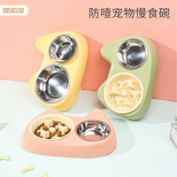 Anti-Choke Slow Feeder Cat Dog Bowl with Stainless Steel Double Bowls, Non-Slip Easy Clean Pet Food Water Dish