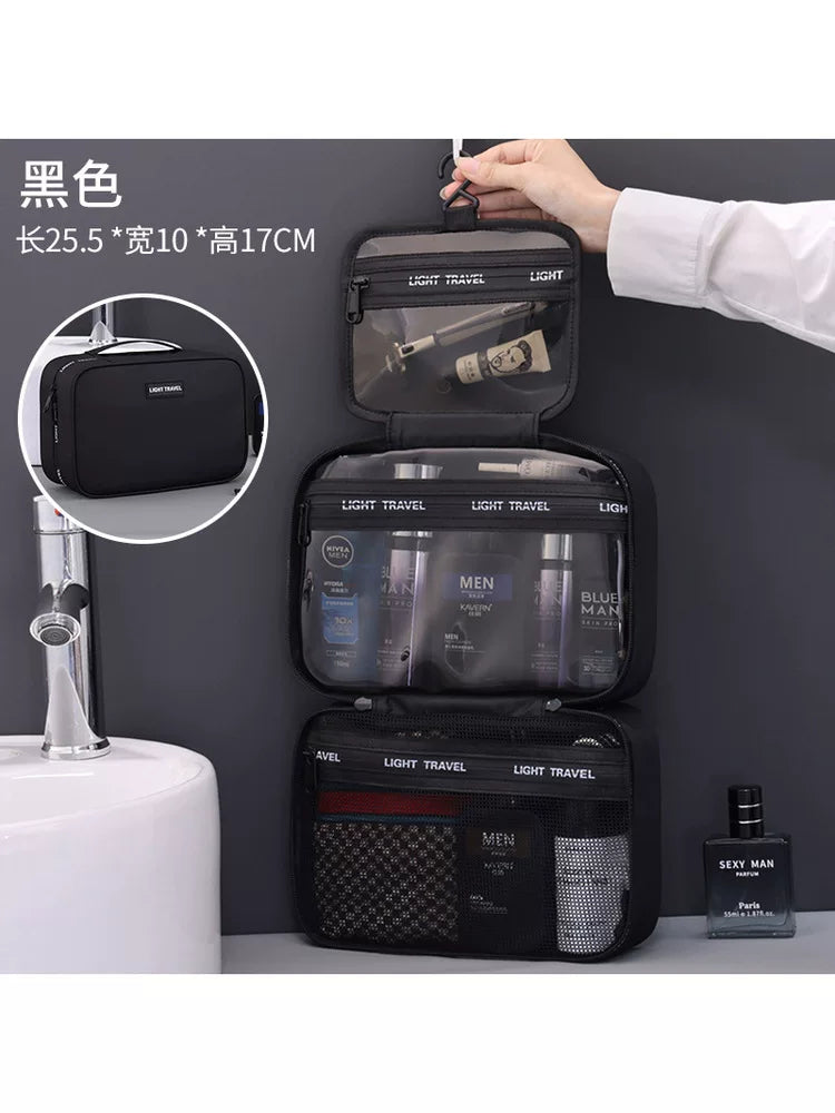 Men's Portable Travel Toiletry Bag Waterproof Hanging Large Capacity Skincare Organizer with Transparent Compartments