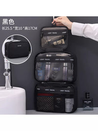 Men's Portable Travel Toiletry Bag Waterproof Hanging Large Capacity Skincare Organizer with Transparent Compartments
