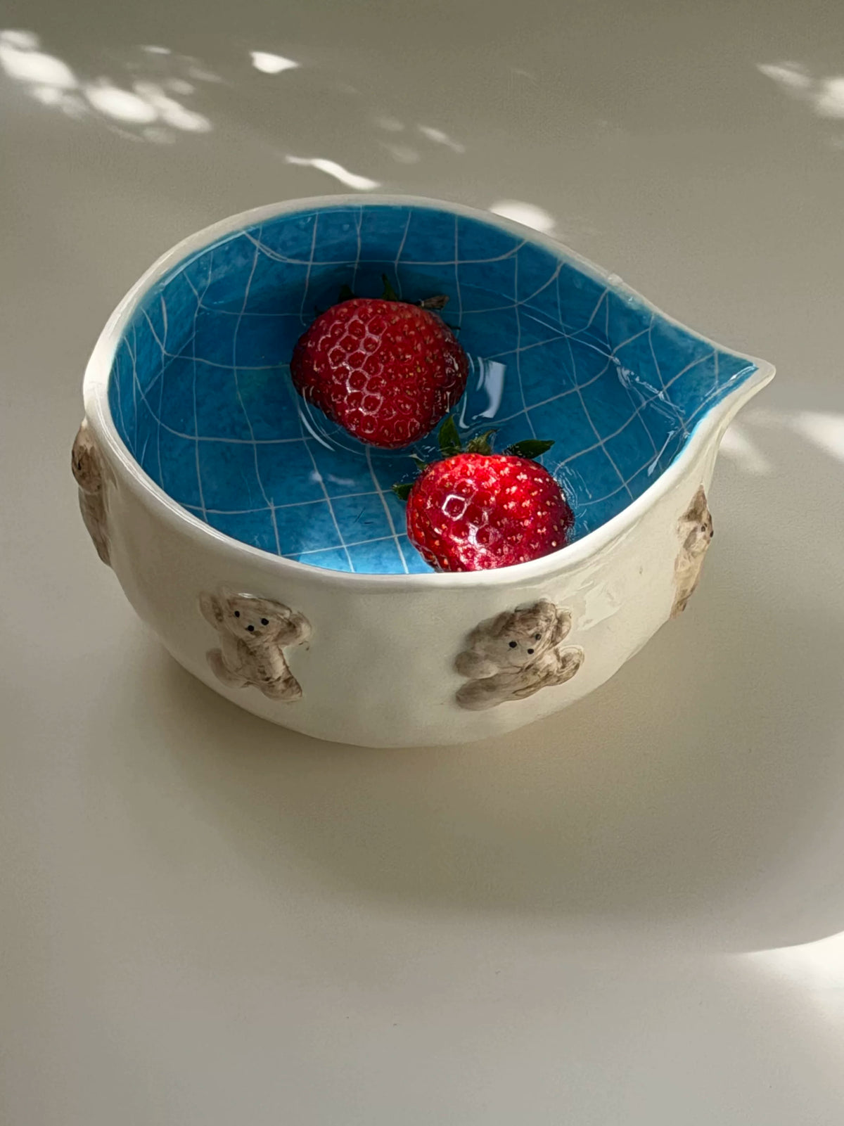 Shinymomo Creative Handmade Ceramic Matcha Bowl with Cute Cartoon Bear and Pool Design