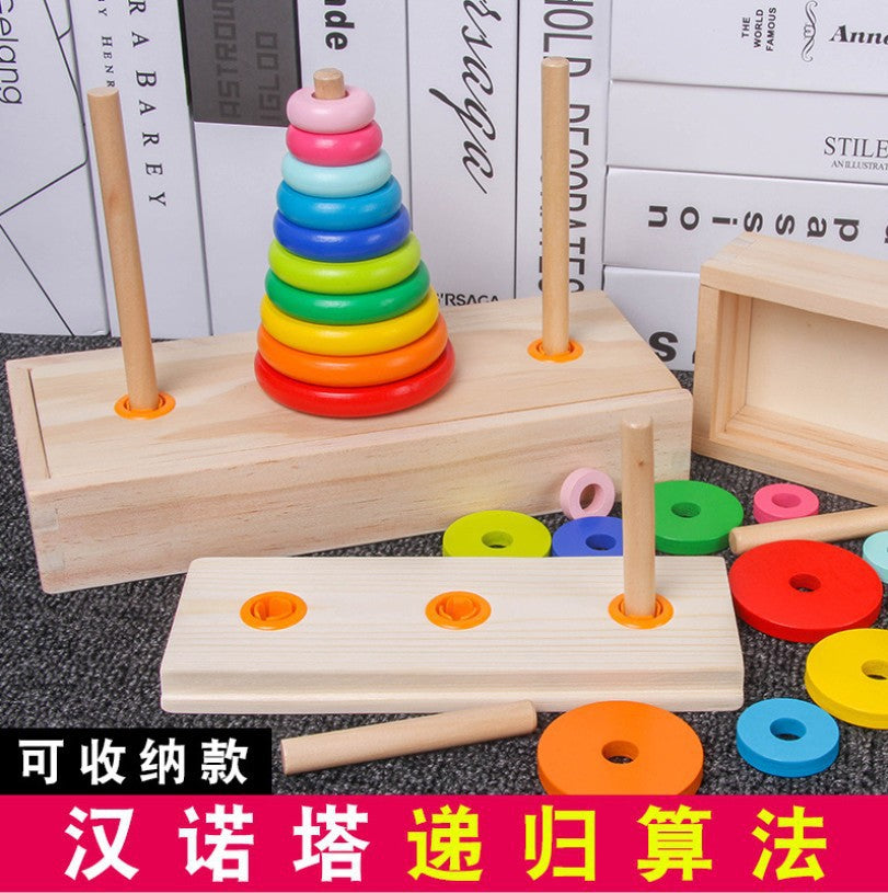 Wooden 10-Layer Tower of Hanoi Rainbow Ring Stacking Puzzle Logic Game