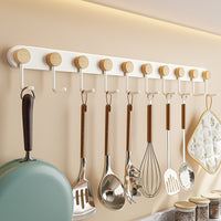 Wall-Mounted Wooden Kitchen Utensil Rack with Hooks, No-Drill Installation, Waterproof & Rustproof