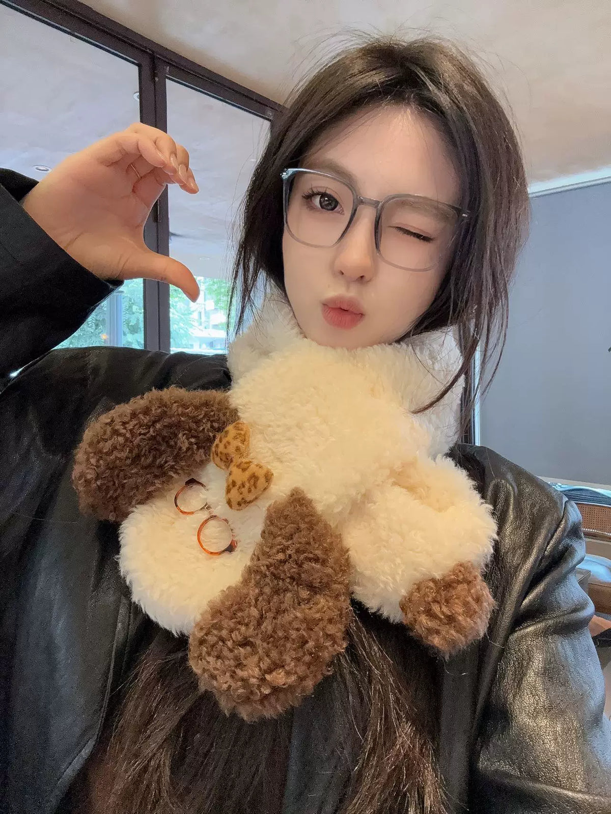 Japanese Style Plush Dog Scarf for Women, Winter Warm Cross Neck Wrap