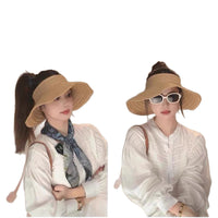 Japanese Style Straw Wide Brim Sun Visor for Women, Rollable Beach Vacation Sun Hat