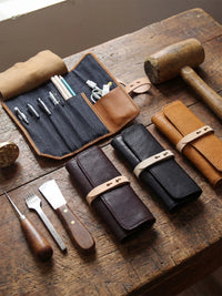 Genuine Leather Roll-Up Pencil Case / Tool Bag for Men & Women