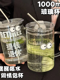 Large Capacity Borosilicate Glass Tumbler with Handle and Straw for Coffee, Water, Office, Home