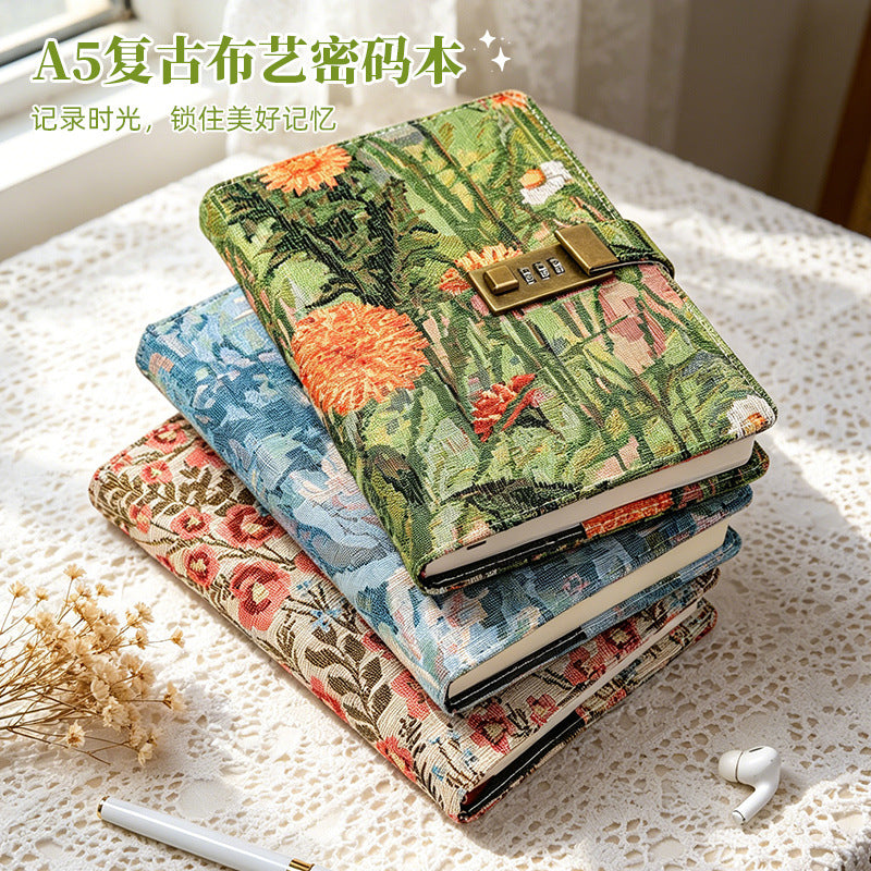 A5 Fabric Cover Password Lock Journal Notebook with Lock for Students, Creative Gift, Retro Diary