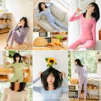Women's Cotton Thermal Underwear Set Long Sleeve Top & Pants Thin Korean Style