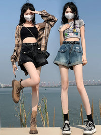 Women's High-Waist Black Denim Shorts with Rolled Hem and A-Line Design