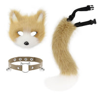 Faux Fur Fox Mask Fluffy Tail Leather Collar Set for Halloween Cosplay Party