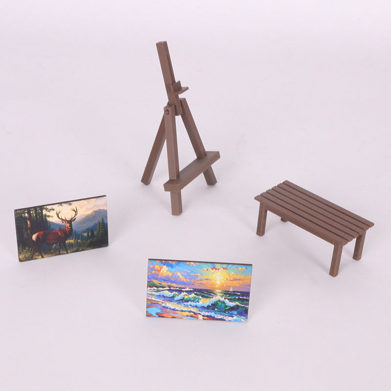 Miniature Dollhouse Painting Easel, Table, and Oil Painting Models