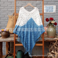 Hand-Dyed Indigo Knit Tassel Shawl for Travel, Sun Protection, and Warmth